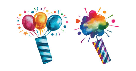 Watercolor party popper with colorful balloons and confetti explosion concept