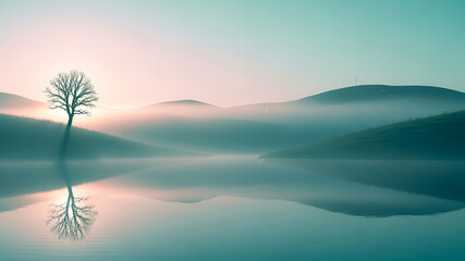 Dreamlike misty landscape with a bare tree reflected in a still lake at dawn Ethereal morning fog over rolling hills a cinematic background symbolizing peace, hope and quiet