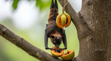 Fruit Bat Enjoying a Meal Upside Down on a Tree Branch in a Tropical Forest
