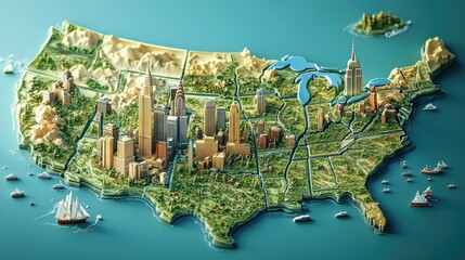 Artistic 3D Map of the United States with Landmark Illustrations