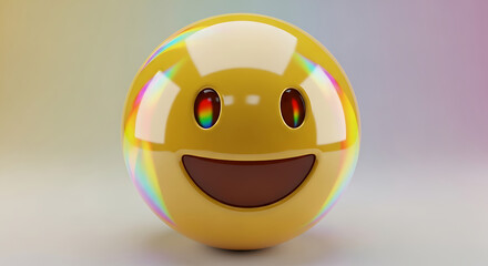 Fototapeta premium A yellow emoji ball with rainbow reflections and a dark brown smile on a gradient background
