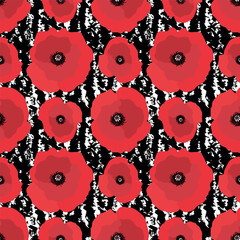 Floral Background with Red Poppies. Seamless Pattern with Big Red Flowers. Vector illustration on Black White Background