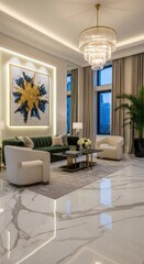 Luxurious Modern Living Room with Green Velvet Sofa, Elegant Chandelier, Abstract Gold Art, and Marble Flooring