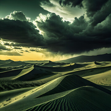 Dramatic storm clouds over rolling sand dunes at sunset