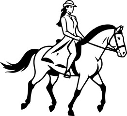 Black and white line art of a beautiful woman with perfect body riding horse elegant minimalist illustration
