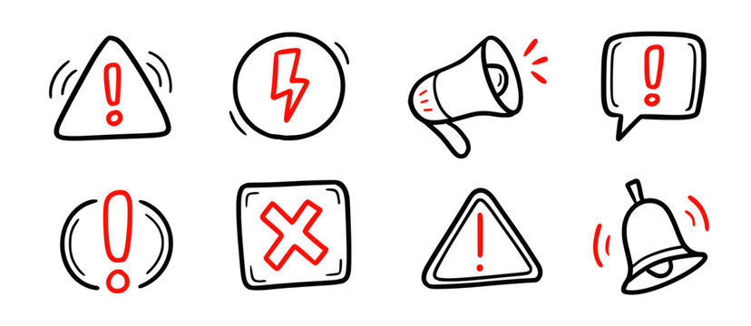 Doodle attention sign icon set. Hand drawn caution signs, warning marks and alert sketch symbols designed to exclamation sign, error or important attention icon doodle. Vector illustration