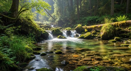 Sunlit Forest Stream with Cascading Waterfalls and Moss-Covered Rocks in a Lush, Tranquil Woodland Scene