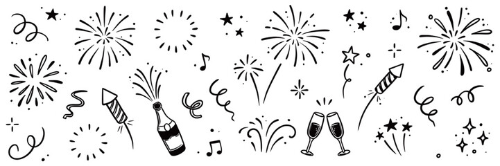 Firework vector new year set. Hand drawn background with doodle sparkler, firecracker and confetti for new year, birthday or holiday celebration. Sketch firework party style. Vector illustration