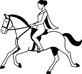 Black and white line art of a beautiful woman with perfect body riding horse elegant minimalist illustration

