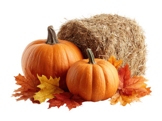 Harvest celebration with pumpkins and hay bales in autumn isolated on transparent background