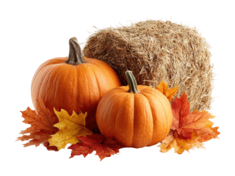 Harvest celebration with pumpkins and hay bales in autumn isolated on transparent background