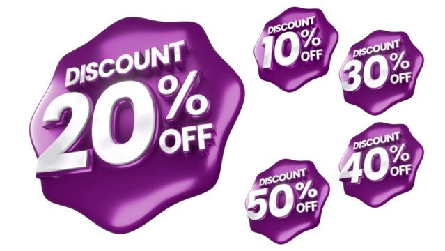 3D Purple Discount Labels Badge 10 20 30 40 50 Percent Off with Transparent Background for Ramadhan, christmas and other event sale