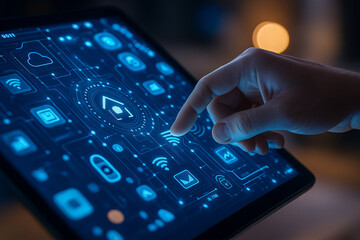 AI generated ultra realistic artwork of a human hand interacting with a glowing digital smart interface filled with futuristic icons representing technology connectivity and innovation
