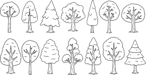 Cartoon tree outline coloring book page, Tree line art vector drawing illustration
