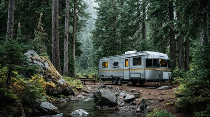 Vintage Camper Nestled Beside a Gentle Stream in a Lush Green Forest