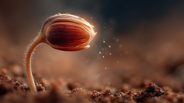 Close-Up of Germinating Seed with Soil and Water Droplets in Natural Light, Symbolizing Growth and New Beginnings