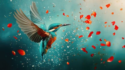 Fototapeta premium A vibrant kingfisher soars amidst falling rose petals