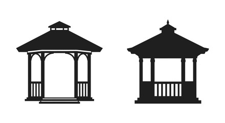 Two silhouetted gazebos outdoor garden structures for relaxation and events isolated on white background