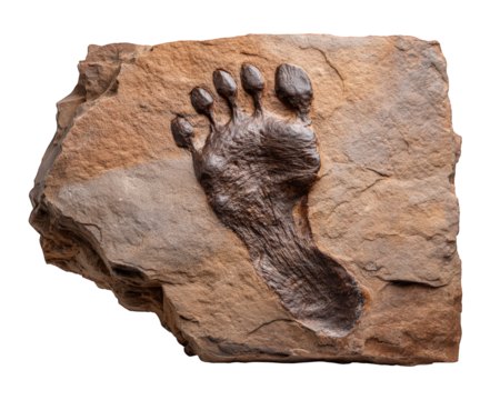 Fossil imprint stone ancient element footprint paleontology archaeology prehistoric rock Fossil imprint of human like footprint ancient stone showcasing prehistoric history and paleontology