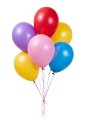 Collection of six colorful balloons with streamers on black background Keywords: balloons, colorful, red, purple, yellow, pink isolated on a transparent background