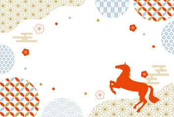 2026年 午年　馬と梅と和柄　おしゃれな年賀状	
