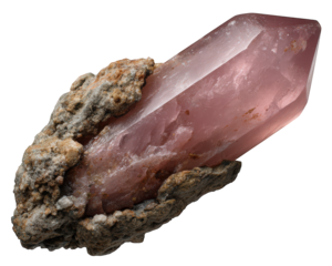 Rose quartz crystal gemstone mineral with rough stone matrix, pink transparent shard, natural raw element, healing energy, isolated on transparency background, calming and serene