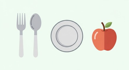 A 3D model of a plate spoon and an apple on solid background