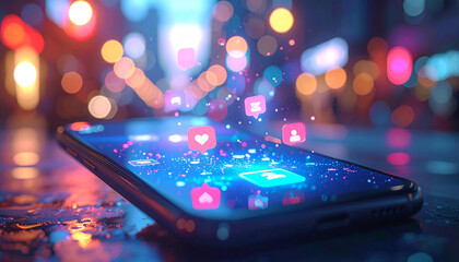 Digital Connection: The radiant display of a modern mobile phone is a portal of social media interaction, with like, share, and comment icons emanating into the ambient glow of urban night. 