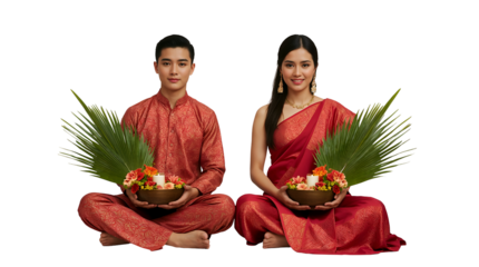 Couple in red traditional attire holding offerings with candles and flowers isolated on a transparent background