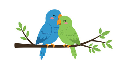 Charming pair of budgies perched together on a branch with green leaves symbolizing friendship and love isolated on white background