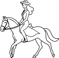 Black and white line art of a beautiful woman with perfect body riding horse elegant minimalist illustration