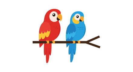 Cute cartoon macaw parrots perched on a branch symbolizing love and companionship isolated on white background