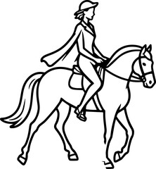Black and white line art of a beautiful woman with perfect body riding horse elegant minimalist illustration