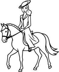 Black and white line art of a beautiful woman with perfect body riding horse elegant minimalist illustration