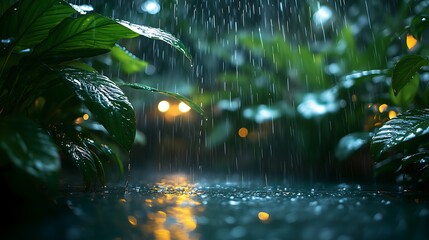 Rainy Scene (Night/Dim Light): Large Green Leaves with Glistening Drops in Foreground, Rain Streaks, Blurred Bokeh Lights (Gold/White/Light Blue) with Reflections