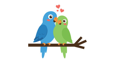 Adorable cartoon love birds perched on a branch with hearts floating above isolated on white background