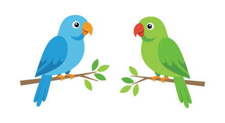 Two adorable cartoon parrots perched on branches full of green leaves isolated on white background
