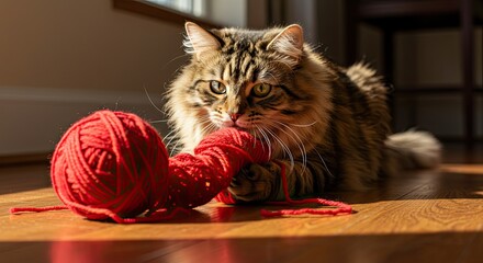 close up of cat playing with yarn on floor
