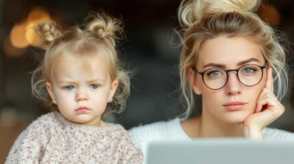 Mother and daughter focused on laptop home office digital interaction cozy environment intimate viewpoint family connection