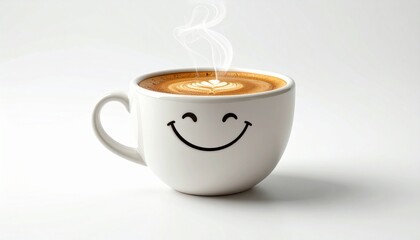 A cup of coffee with steam forming a happy cartoon face, winking and bouncing slightly, plain white backdrop