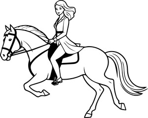 Black and white line art of a beautiful woman with perfect body riding horse elegant minimalist illustration