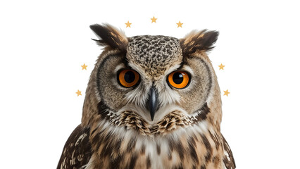 Fototapeta premium Eagle owl portrait with bright orange eyes and golden stars on the transparent background, majestic bird face closeup, wildlife, nature art, modern symbolism