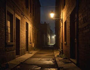 Naklejka premium Narrow Old Alley with Street Lamp at Night
