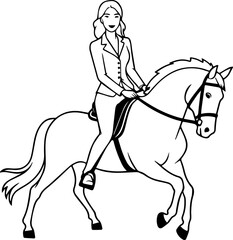 Black and white line art of a beautiful woman with perfect body riding horse elegant minimalist illustration