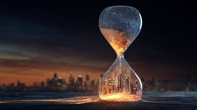 Business Forecasting Artistic Visualization Hourglass Filled With Glowing Graphs Flowing Into Future Skyline Surreal Cosmic Scene