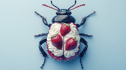 hyperrealistic photo of a deep-blue ivory-white red beetle with steawberry-cake print, cake with stawberries