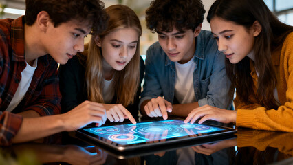 Team of innovative young minds working together on a high-tech digital interface in a modern learning environment