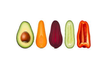 Separated veggie slices. Fresh veggies like avocado, carrot, beetroot, cucumber, and bell pepper cut in half and lined up on a white background with a clipping path.