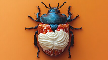 hyperrealistic photo of a deep-blue orange red ivory-white beetle with big whipped-cream cake illustration on back