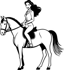 Black and white line art of a beautiful woman with perfect body riding horse elegant minimalist illustration